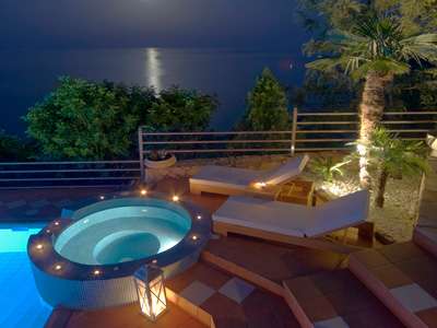 Blue Horizon Suites pool and jacuzzi view at night